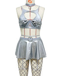 House Of Dasein Lace Sexy Lingerie Set Bra Solid Color Leather Skirt With Fishnet Stockings Women's - Silver - S
