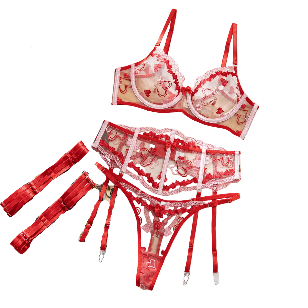 House Of Dasein Sexy Cupid Contrast Heart Embroidery Mesh Boned Waist Bow Women's Lingerie - Red - L