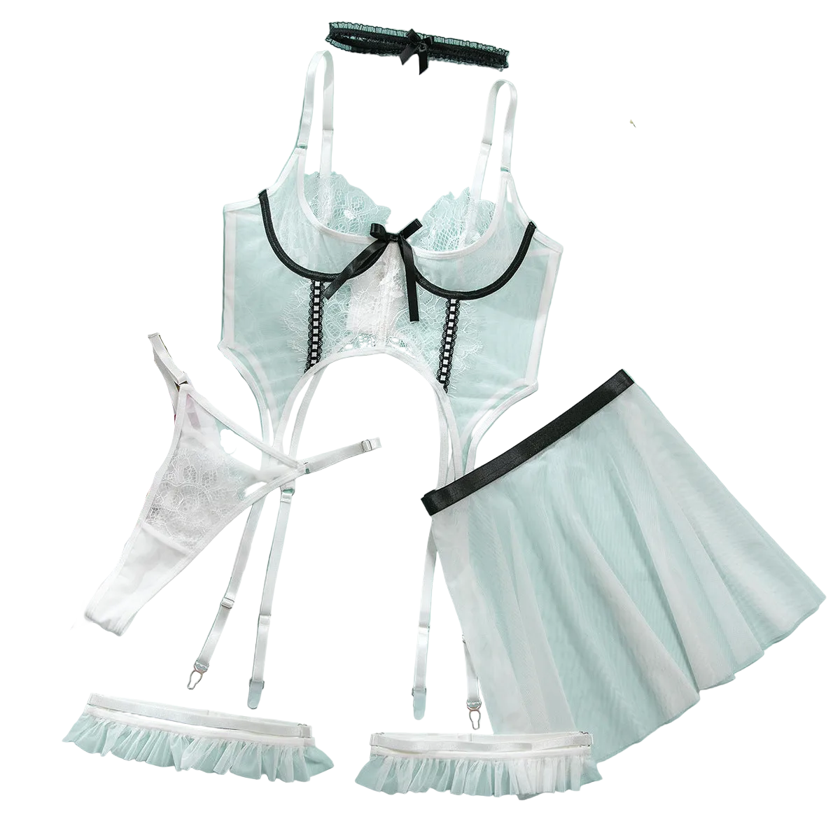 House Of Dasein Lingerie Set Women Lace Splicing Transparent Temptation Sexy Mini Camisole Thong Five Piece - White - M
