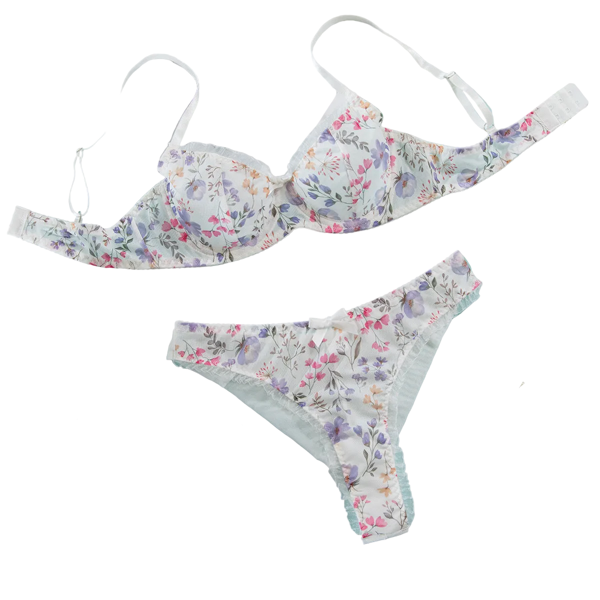 House Of Dasein Sexy Mesh Heart Print Bra Set Ultra Thin Comfortable Tempting Lingerie Two Piece - White Flower - L