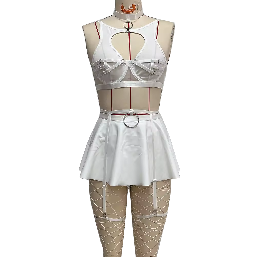 Lace Erotic Lingerie Set Sexy Bra Solid Color Leather - White - Xs