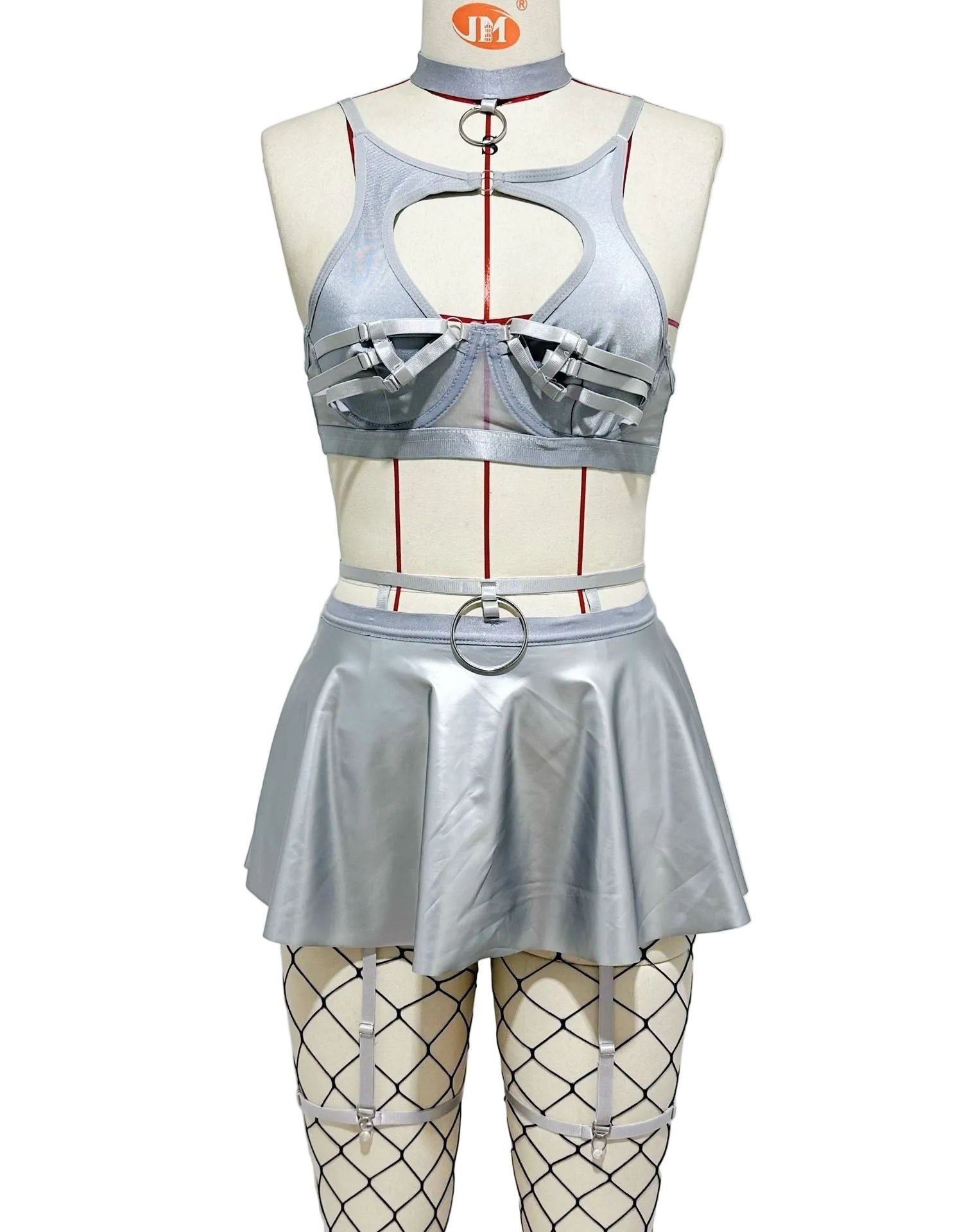 House Of Dasein Lace Sexy Lingerie Set Bra Solid Color Leather Skirt With Fishnet Stockings Women's - Silver - M
