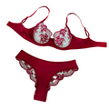 Sexy Embroidered Bra Underwear Ultra Thin Mesh Splicing Large Chest Minimizer Women's Transparent Two Piece Set - Wine Red - M