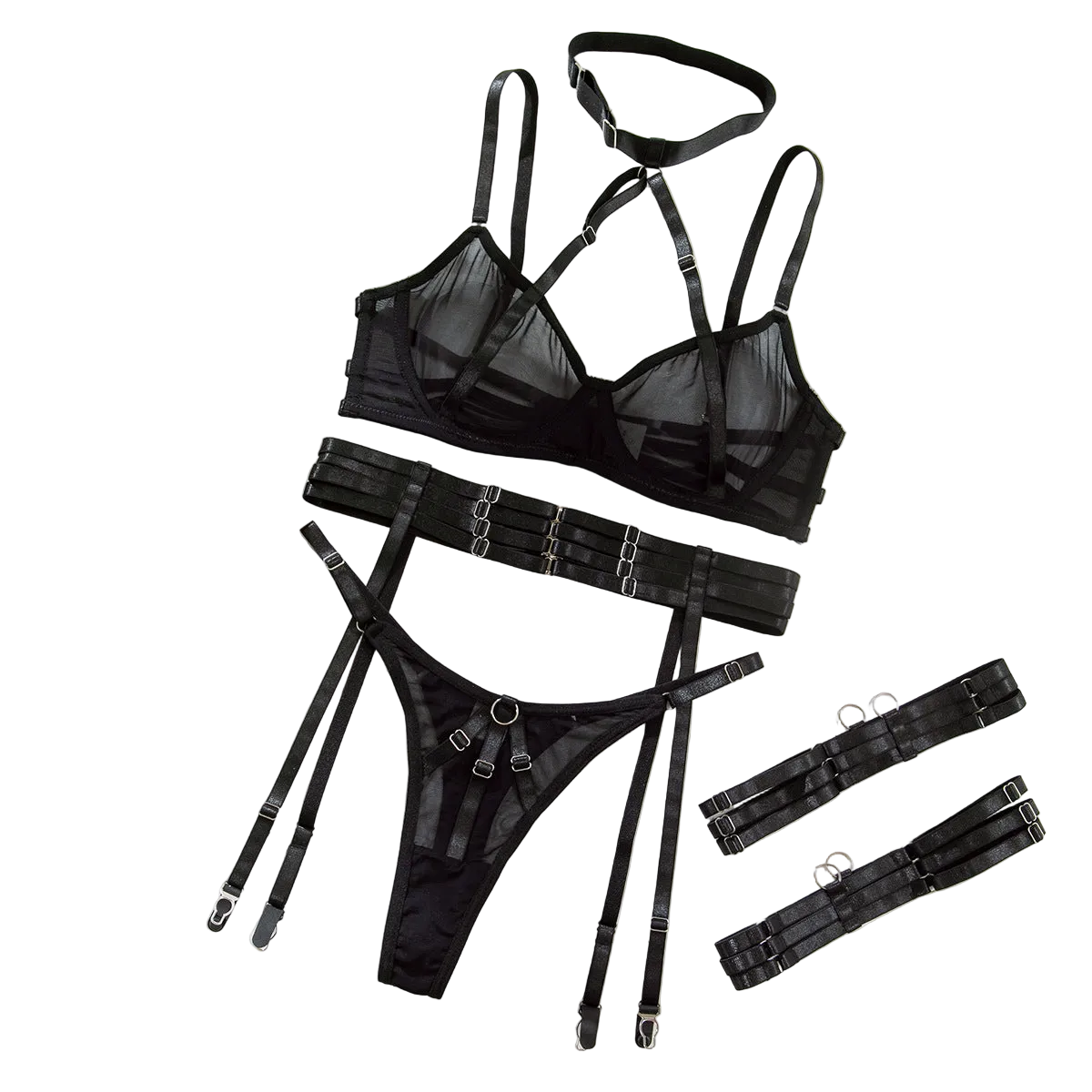 Necklace Bra Set Ultra Thin Mesh Transparent Sexy Strap Metal Buckle Tempting Lingerie - Black - Xl