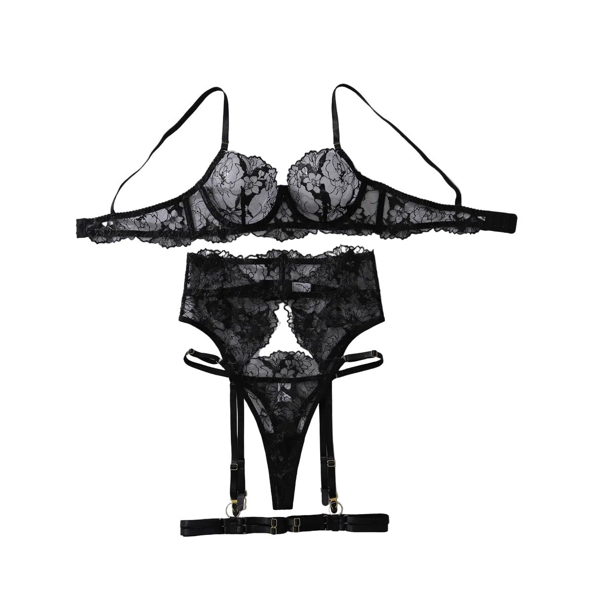 House Of Dasein Embroidered Lace Perspective Gathering Slimming And Shaping Sexy Lingerie Set With Steel Ring - Black - S