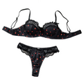 Printed Lace Bra Set With Steel Ring Gathering Bowknot Erotic Underwear - Black - S