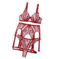 House Of Dasein Embroidered Thin Steel Holder Gathers New Floral Sexy Mesh Lingerie Set - Wine Red - S