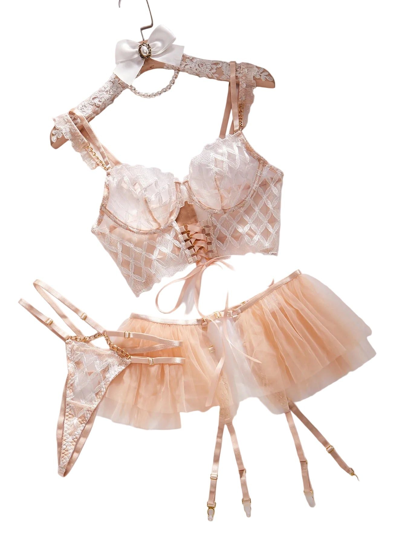 House Of Dasein Lingge Embroidery Sexy Strap Mesh Puff Skirt Underwear Set - L