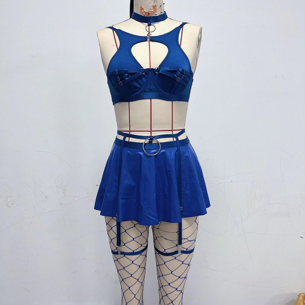 Lace Erotic Lingerie Set Sexy Bra Solid Color Leather - Blue - Xs