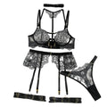 House Of Dasein Heavy Embroidery Metal Buckle Strap Sexy Lingerie Set For Women Transparent Shaping Front Button Five Piece - Apricot Base Black - S