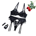 House Of Dasein Lace Mesh Embroidery Sexy Lingerie Gathering Straps Three Piece Set Shaping Body - Black - S