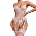House Of Dasein Lace Sexy Transparent Lingerie Push Up Bra With Polka Dot Embroidery And Open Crotch Panties Stockings - Peach - S