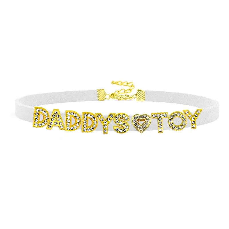 House Of Dasein Sexy Gold Color Letters Daddys Toy Choker Collar Necklace Men Women Ddlg Role Age Play Suede Leather Chocker Cosplay Jewelry - White - 40Cm Plus 7Cm - 1-10 Custom Letters