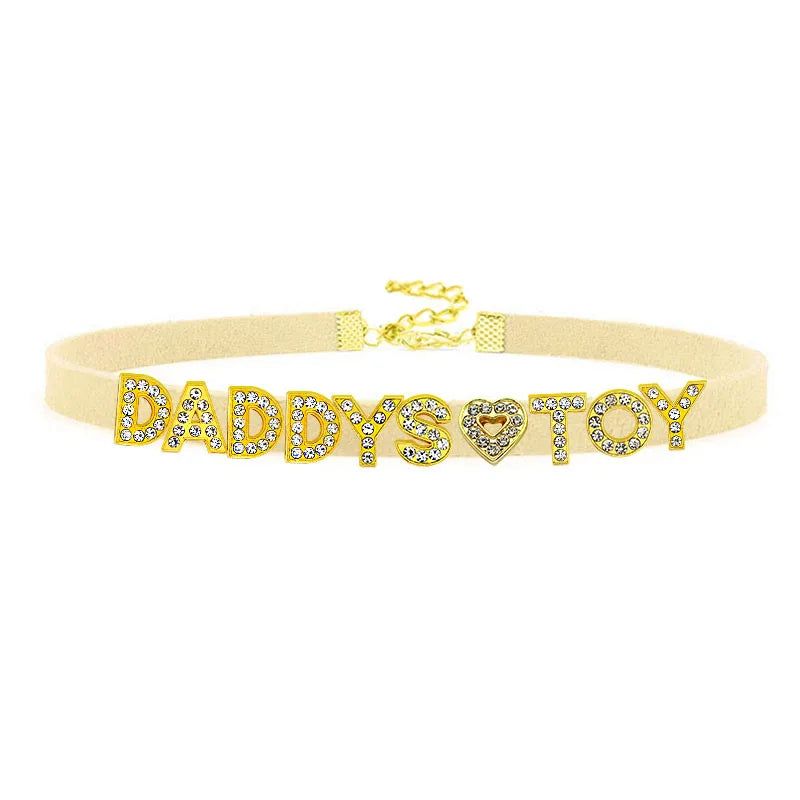 House Of Dasein Sexy Gold Color Letters Daddys Toy Choker Collar Necklace Men Women Ddlg Role Age Play Suede Leather Chocker Cosplay Jewelry - Beige - 32Cm Plus 7Cm - Daddys Toy