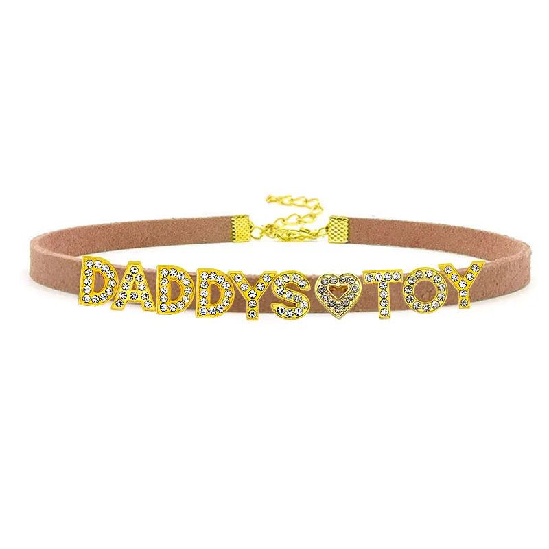 House Of Dasein Sexy Gold Color Letters Daddys Toy Choker Collar Necklace Men Women Ddlg Role Age Play Suede Leather Chocker Cosplay Jewelry - Brown - 32Cm Plus 7Cm - Daddys Toy