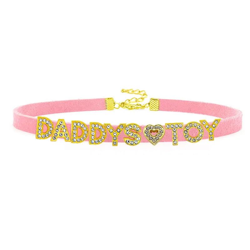 House Of Dasein Sexy Gold Color Letters Daddys Toy Choker Collar Necklace Men Women Ddlg Role Age Play Suede Leather Chocker Cosplay Jewelry - Pink - 32Cm Plus 7Cm - 1-10 Custom Letters