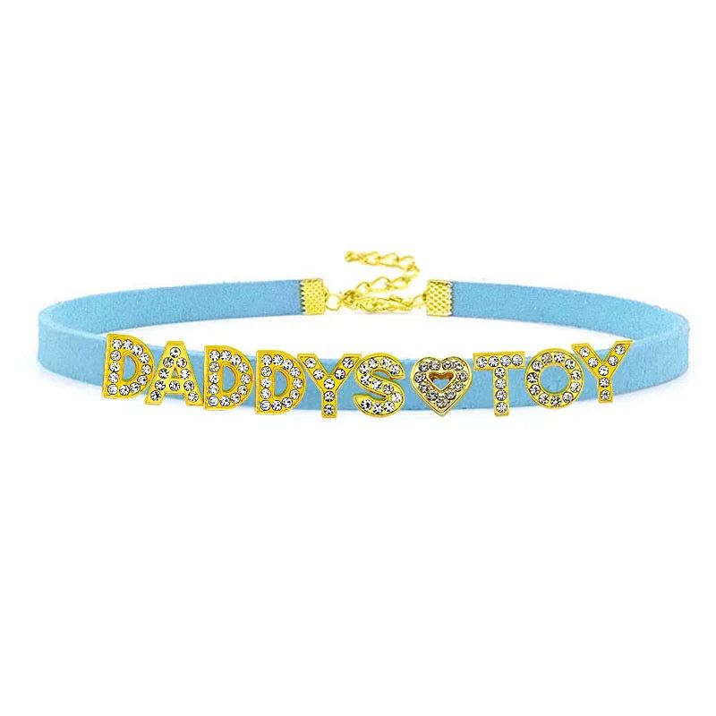 House Of Dasein Sexy Gold Color Letters Daddys Toy Choker Collar Necklace Men Women Ddlg Role Age Play Suede Leather Chocker Cosplay Jewelry - Sky Blue - 32Cm Plus 7Cm - Daddys Toy