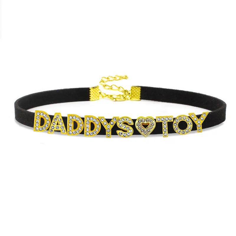 House Of Dasein Sexy Gold Color Letters Daddys Toy Choker Collar Necklace Men Women Ddlg Role Age Play Suede Leather Chocker Cosplay Jewelry - Black - 32Cm Plus 7Cm - Daddys Toy