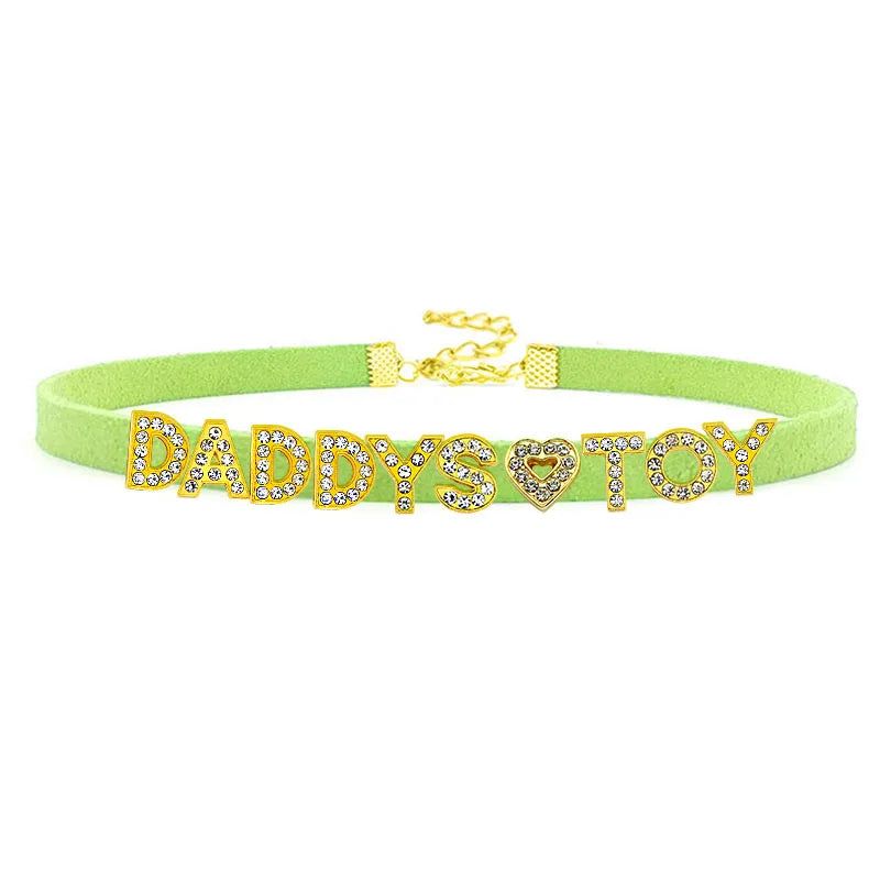 House Of Dasein Sexy Gold Color Letters Daddys Toy Choker Collar Necklace Men Women Ddlg Role Age Play Suede Leather Chocker Cosplay Jewelry - Grass Green - 32Cm Plus 7Cm - 1-10 Custom Letters