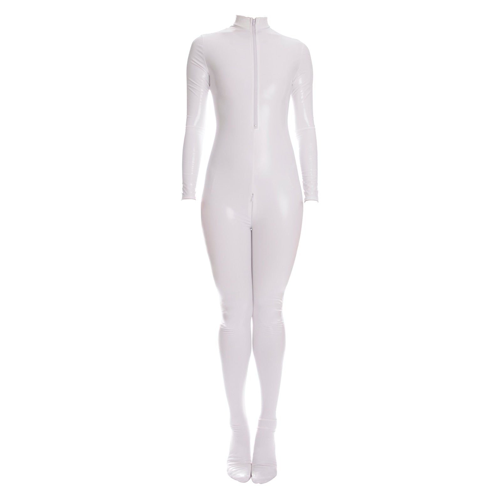 Sexy Shiny Full Body Patent Leather Open Crotch Catsuits Bodysuits - Shiny White - L