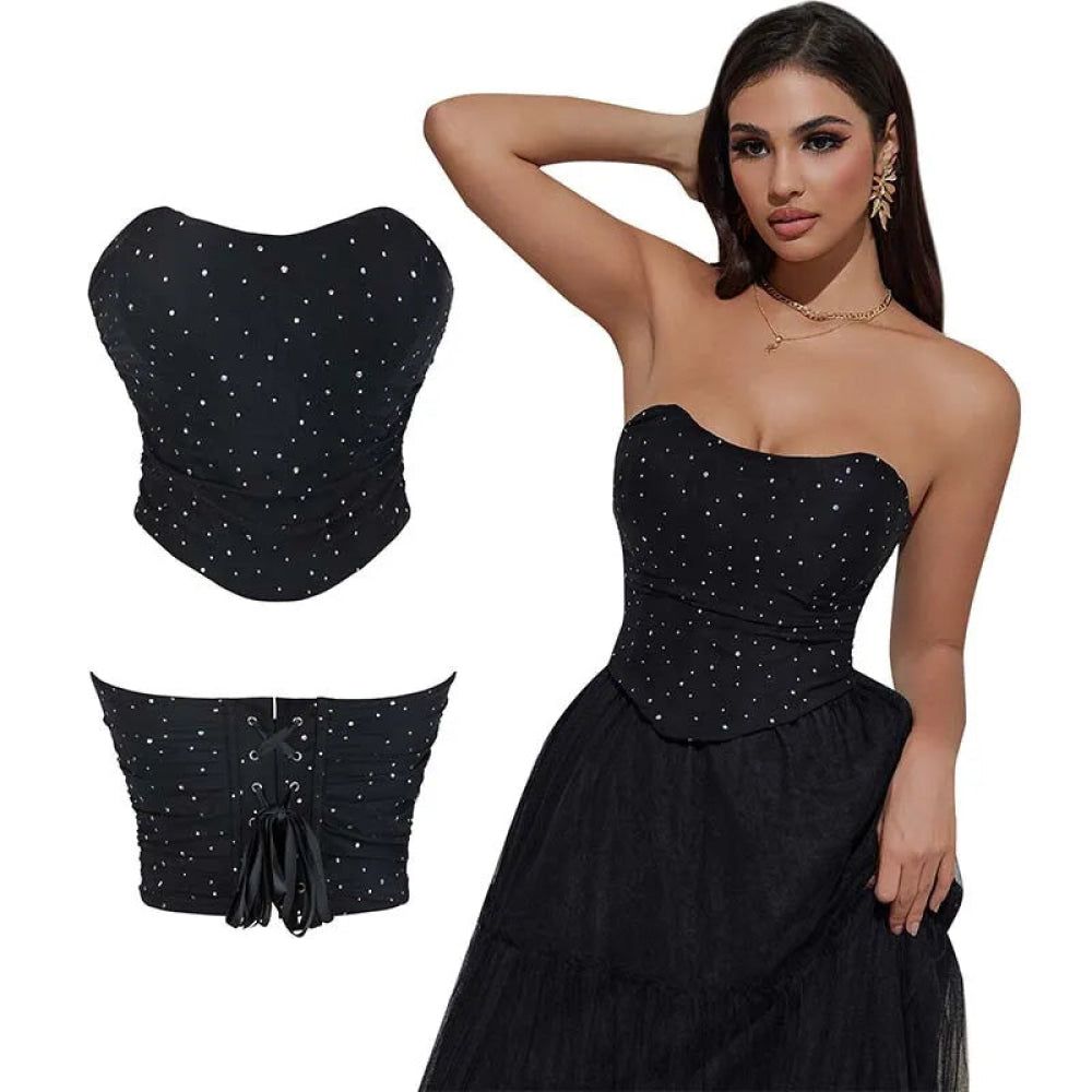 House Of Dasein Black Ruched Hem Corset Crop Top For Plus Size Women Back Lace Tight Fit Sequined Detailing Large - Xxl