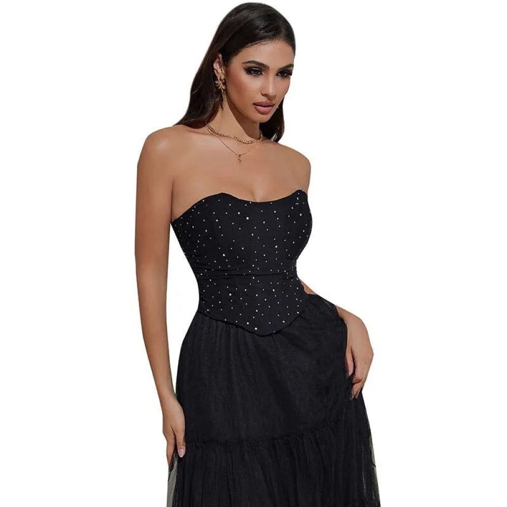 House Of Dasein Black Ruched Hem Corset Crop Top For Plus Size Women Back Lace Tight Fit Sequined Detailing Large - Xl
