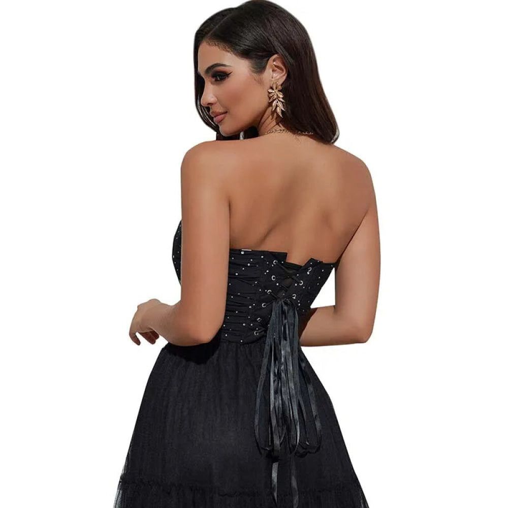 House Of Dasein Black Ruched Hem Corset Crop Top For Plus Size Women Back Lace Tight Fit Sequined Detailing Large - S