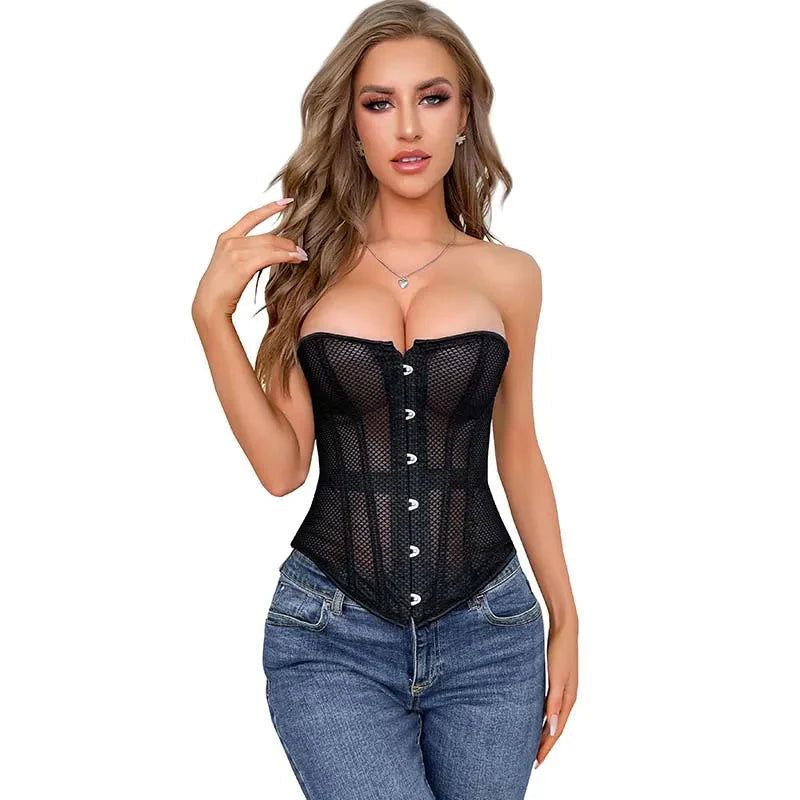 House Of Dasein Transparent Gothic Corset With Thong Plus Size S-6Xl Mesh Net Lingerie Bustier Medium - S
