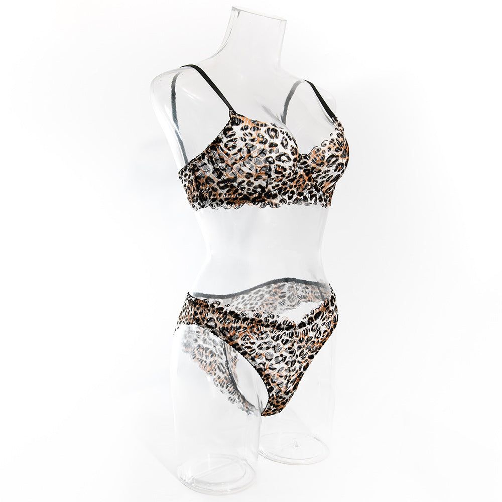 Gathered Sexy Leopard Print Bra And Panty Set For Women Thin Fit Comfortable - Leopard Print - L