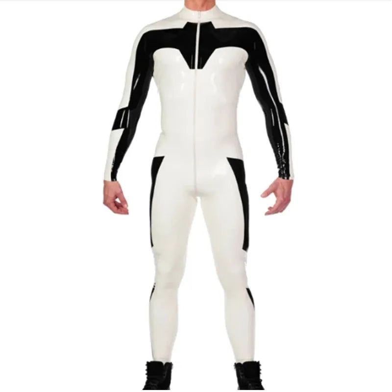 House Of Dasein White And Black Latex Catsuit No Socks Front Crotch Zip For Men Costumes - White - Xl