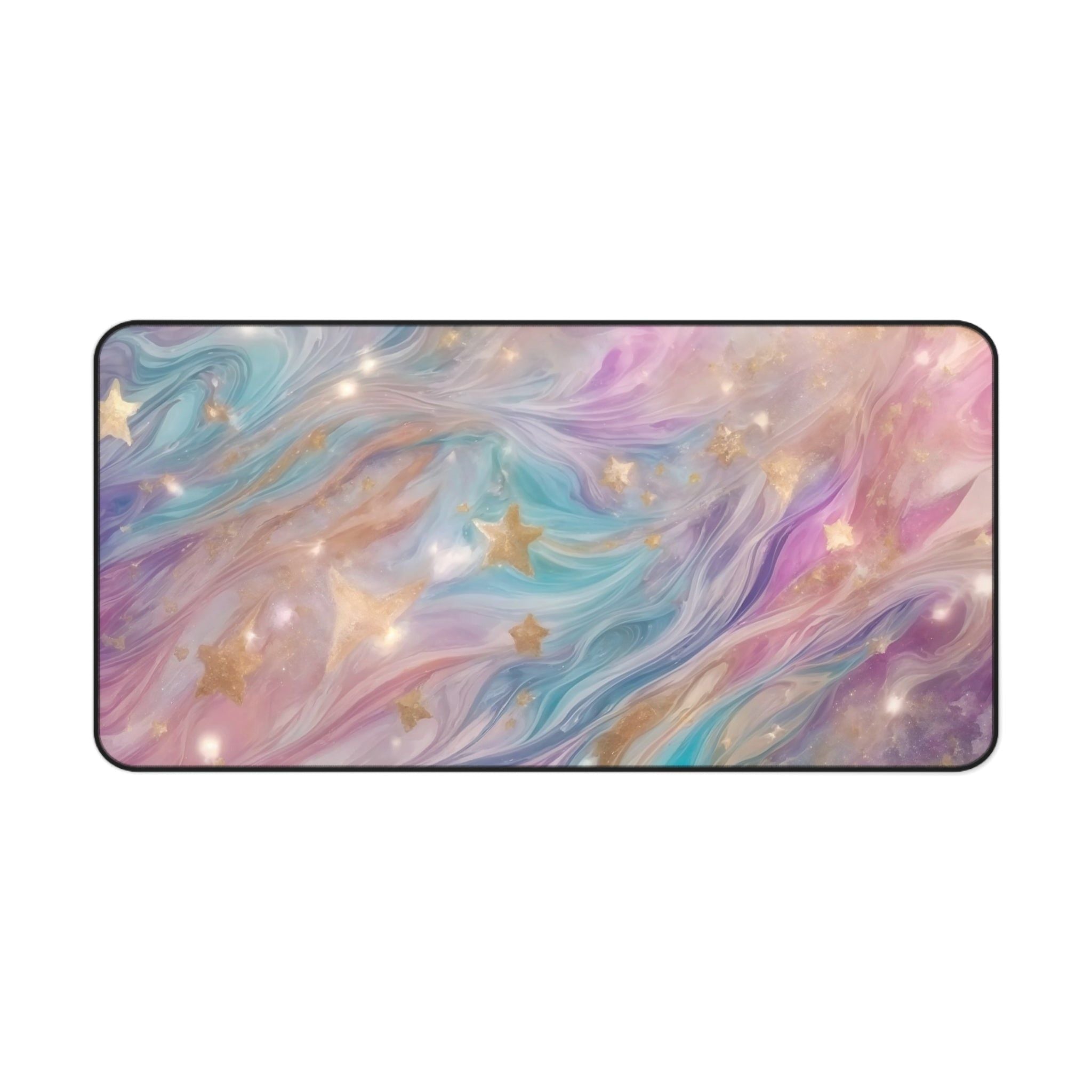 Story Nest Books Cosmic Pastel Desk Mat With Shimmer Stars | Magical Rainbow Marble Mousepad For Workspaces & Gaming - 16" Ã— 32"