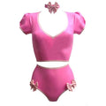 House Of Dasein Latex Rubber Women Pink Top Shirt And Shorts With Neck Collar Handmade Costumes - Pink - S