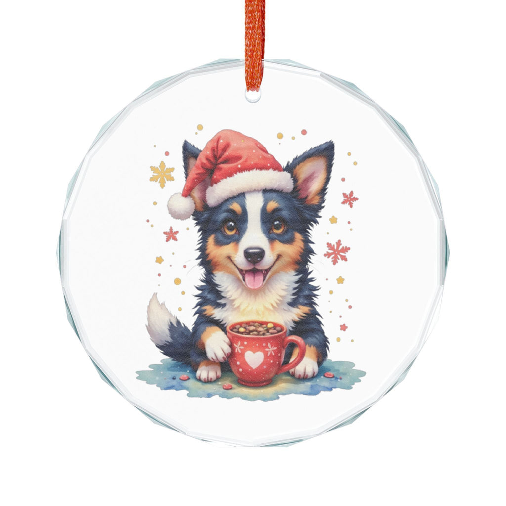 Story Nest Books Border Collie Puppy In Santa Hat Crystal Glass Ornament | Christmas Hot Cocoa Dog Lovers Gift
