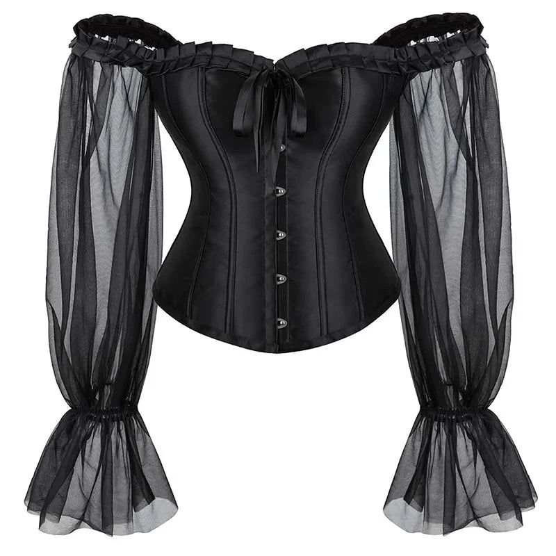 House Of Dasein Ruffled Gothic Corselet Top With Puff Sleeves And Lace-Up Boning Transparent Satin Overbust Corset For Women 4Xl - S