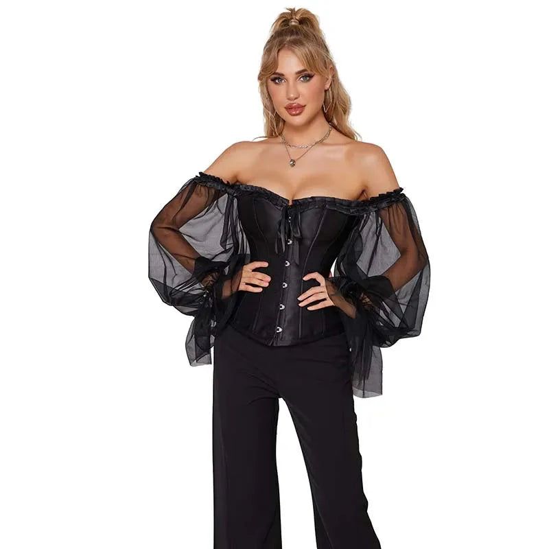 House Of Dasein Ruffled Gothic Corselet Top With Puff Sleeves And Lace-Up Boning Transparent Satin Overbust Corset For Women 4Xl - S