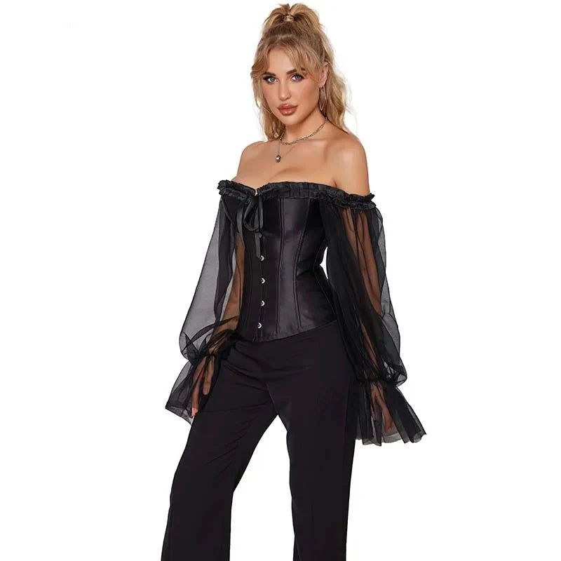 House Of Dasein Ruffled Gothic Corselet Top With Puff Sleeves And Lace-Up Boning Transparent Satin Overbust Corset For Women 4Xl - S