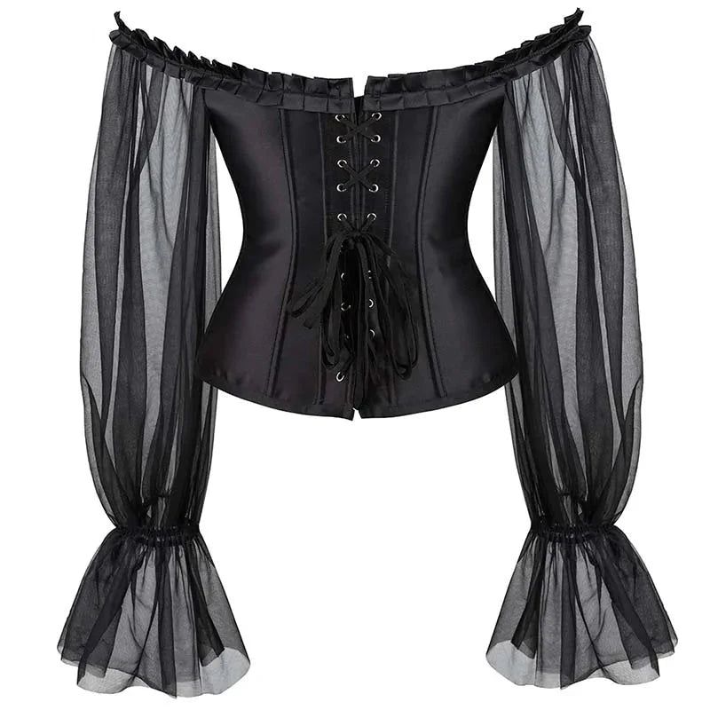 House Of Dasein Ruffled Gothic Corselet Top With Puff Sleeves And Lace-Up Boning Transparent Satin Overbust Corset For Women 4Xl - 6Xl