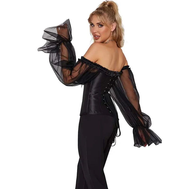 House Of Dasein Ruffled Gothic Corselet Top With Puff Sleeves And Lace-Up Boning Transparent Satin Overbust Corset For Women 4Xl - 6Xl