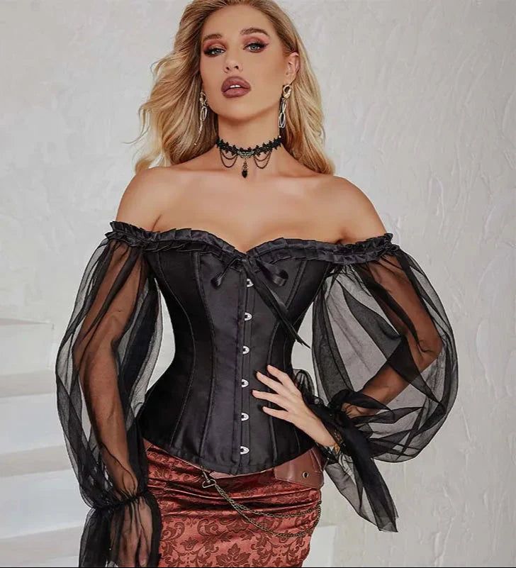 House Of Dasein Ruffled Gothic Corselet Top With Puff Sleeves And Lace-Up Boning Transparent Satin Overbust Corset For Women 4Xl - M