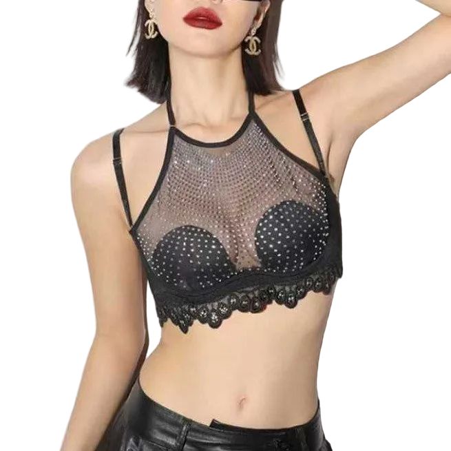 House Of Dasein Summer Thin Strapless Backless Small Chest Gathering Bra Rhinestone Mesh Minimizing Pure Desire Girl - Black - Xl