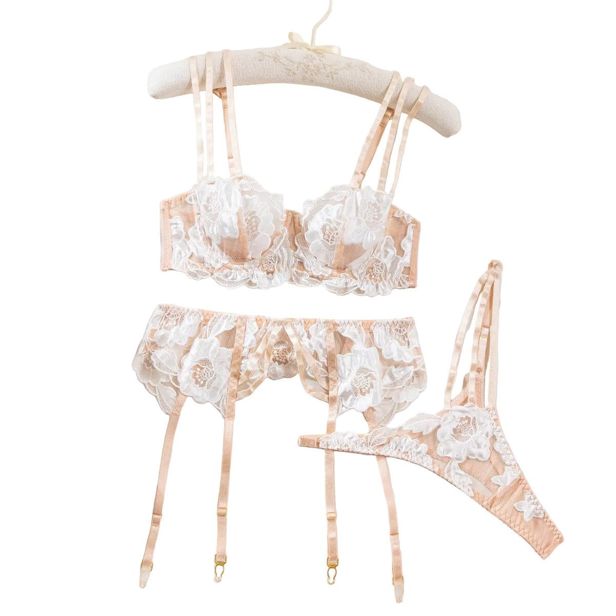 Sexy Floral Embroidered Bra Set - Hollow Out Transparent Lingerie For Women - White - S