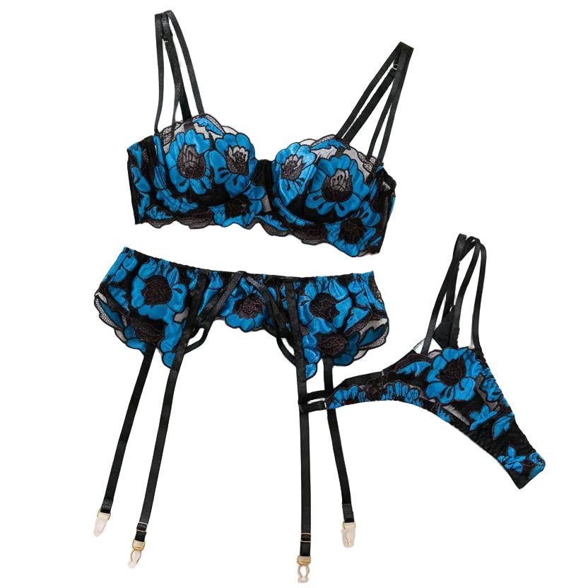 Sexy Floral Embroidered Bra Set - Hollow Out Transparent Lingerie For Women - Blue - L