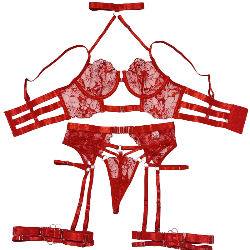 House Of Dasein Sexy Cross-Strap Embroidered Sheer Mesh Splicing Lingerie Set For Women - Red - S