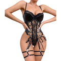 Lingerie Bodysuit With Pu Leather And Lace Trim Push-Up Bra Fitted Underwear For Nightclub - Black - L