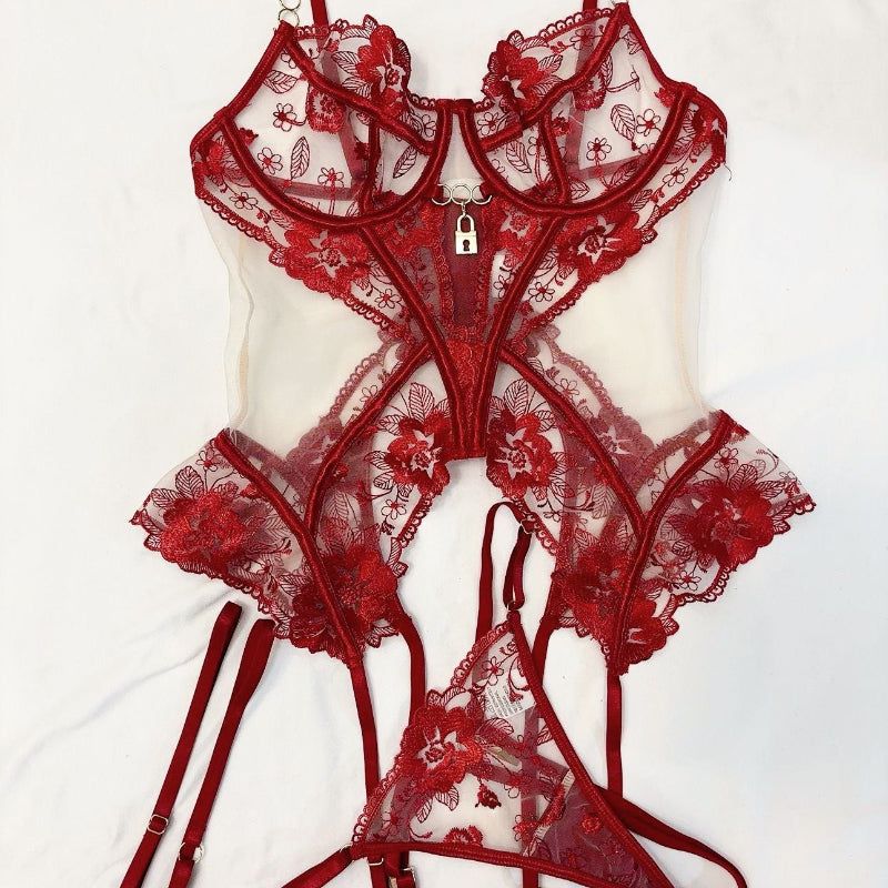 House Of Dasein Sexy Bra Set Transparent Mesh Splicing Lace Lingerie Underwear Three-Piece Suit - Wine Red - M