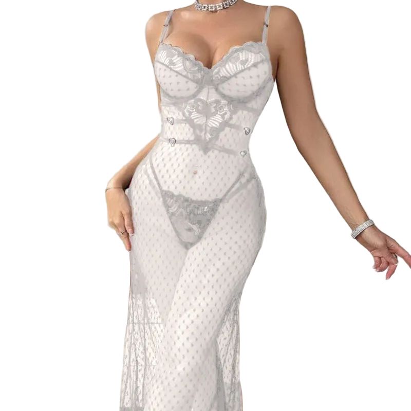 House Of Dasein Sexy And Alluring Lace Sheer Fitted Lingerie With Butt-Lifting Bodysuit Two-Piece Set - White - S