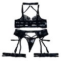 House Of Dasein Sexy Cross-Strap Embroidered Sheer Mesh Splicing Lingerie Set For Women - Black - S