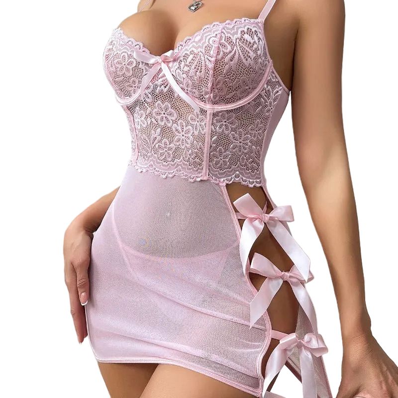 House Of Dasein Transparent Lace Splicing Lingerie With Thong And Thin Sleepwear Bow Backless Skirt Set - Pink - M