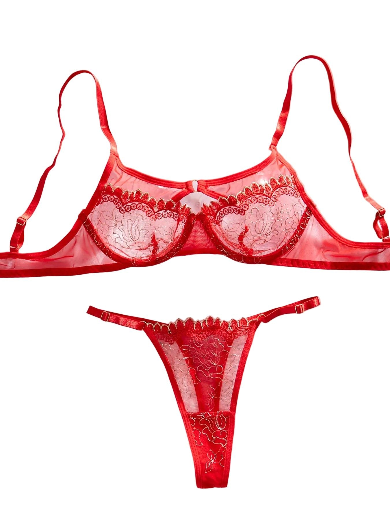 House Of Dasein Sexy Embroidered Splicing Hollow Design Underwear Two Piece Set - Red - S