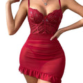 House Of Dasein Lingerie With Lace Splicing And Strap Temptation Net Underwear Ruffle Skirt - Wine Red - Xl